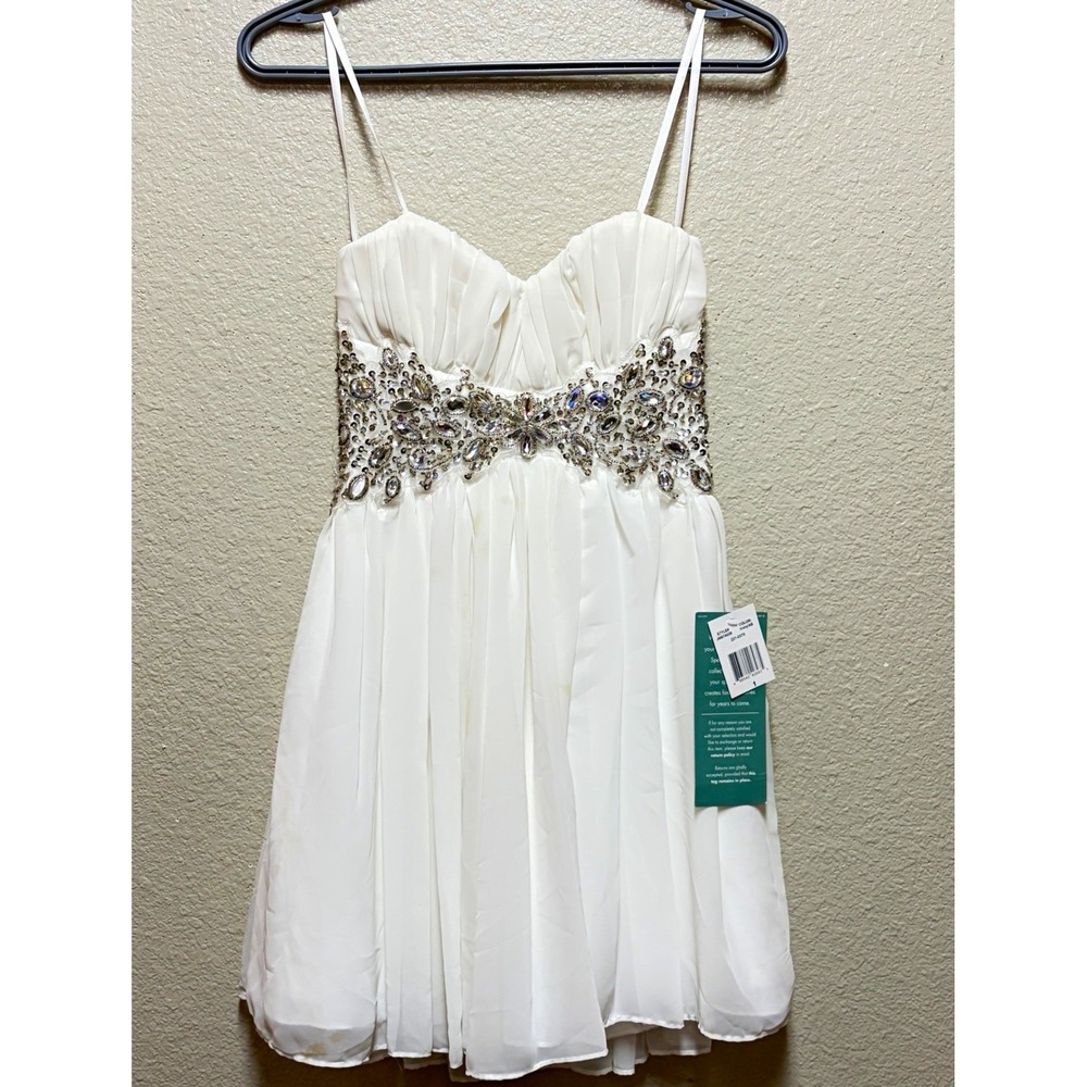 B Smart Ivory Sweetheart Chiffon Spaghetti Strap Beaded Mini Dress Zip 1